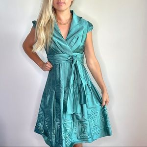 Adrianna Papell Aqua Green Tie Belt Collared Dress